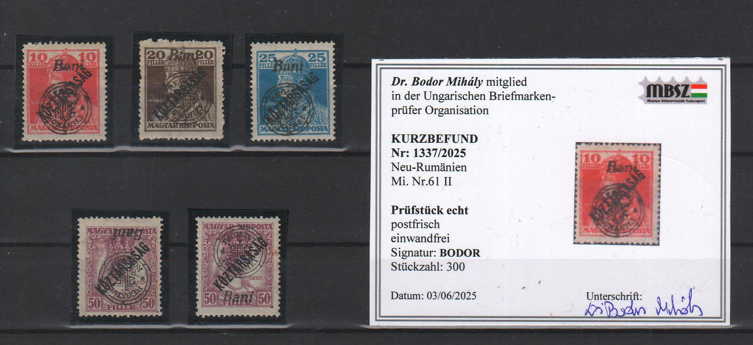 Romania 1919 Emisiunea Oradea Karl si Zita "Köztársaság" poanson si certificat de autenticitate Bodor Michel 335Eur