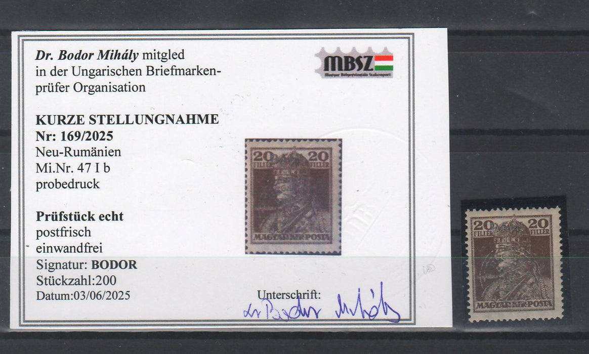 Romania 1919 Emisiunea Cluj Karl si Zita ESEU 20f supratipar argintiu tiraj 200 buc. poanson si certificat de autenticitate Bodor Michel 300EUR