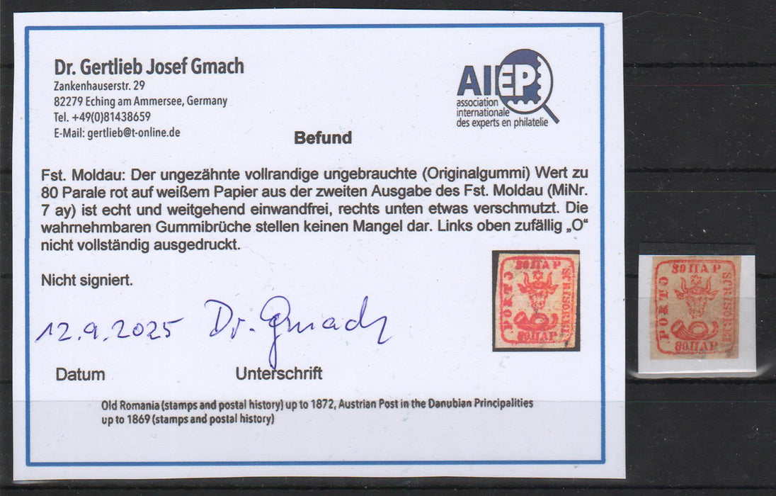 Romania 1859 Cap de bour emisiunea a II-a 80PAR rosu certificat Gmach poanson neidentificat