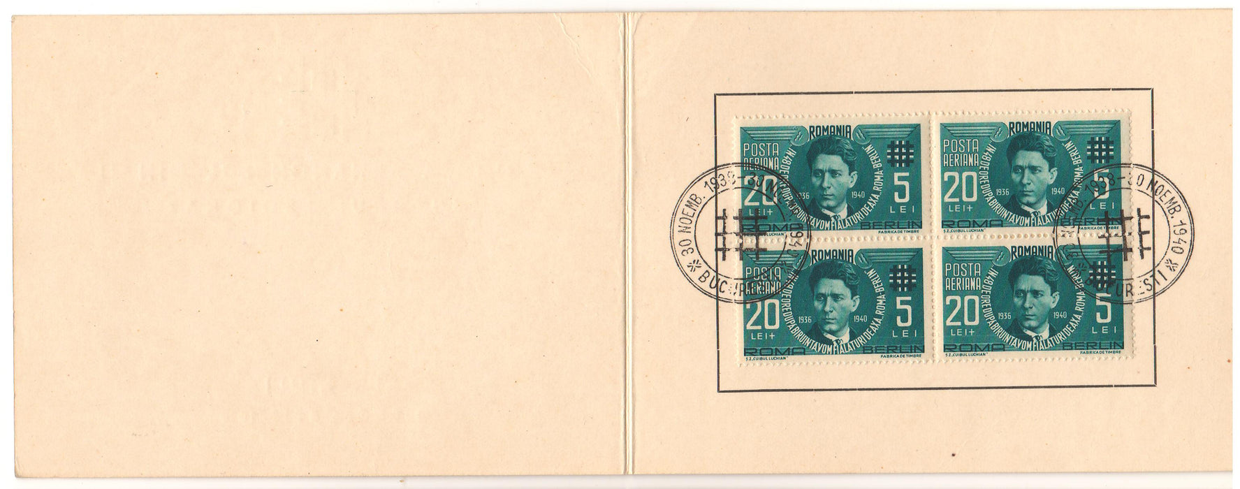 Romania 1940 Carnet Codreanu PA bloc x4 stampila BUCURESTI 30 Noiembrie 1938 - 30 Noiembrie 1940