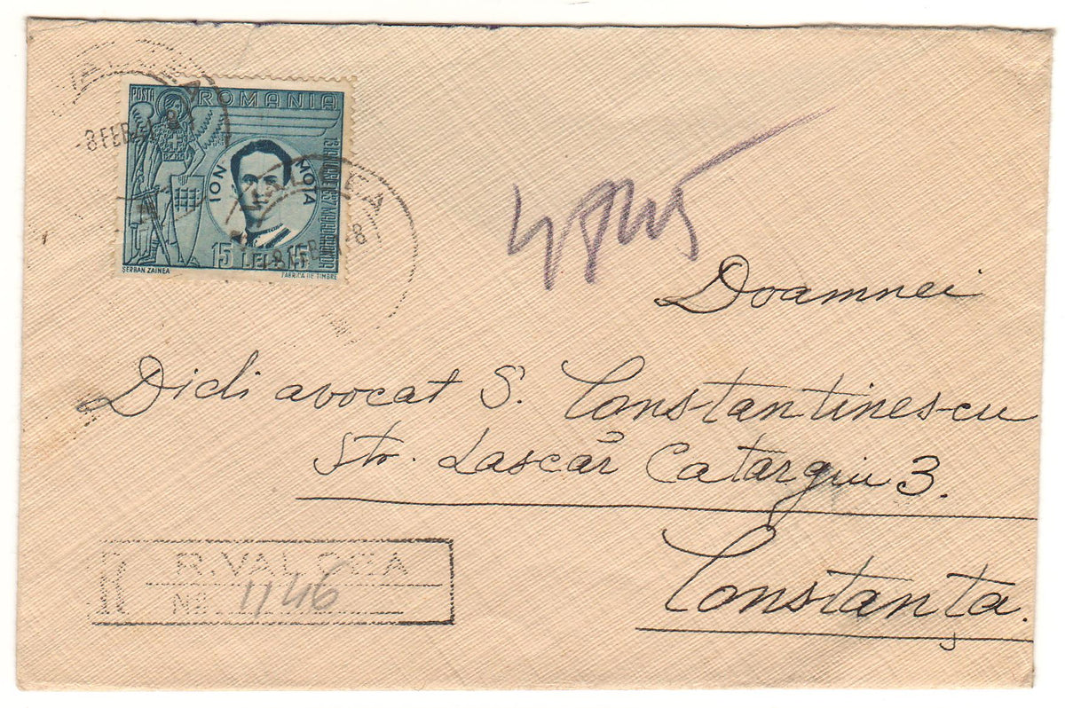 Timbre Romania 1941 Plic circulat R. Valcea - Constanta francatura rara ...