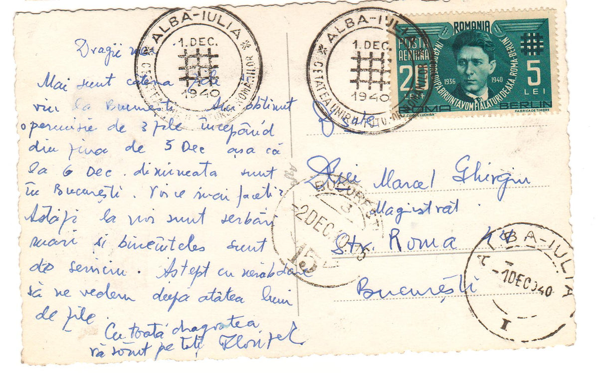 Timbre Romania 1940 Carte postala circulata Alba-Iulia - Bucuresti ...