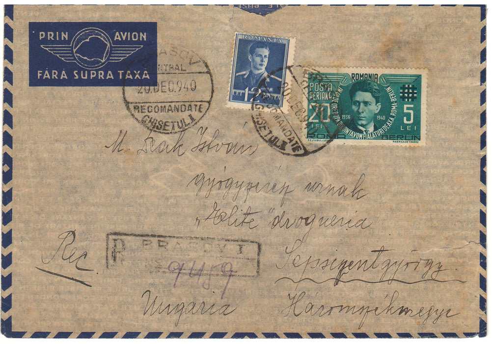 Romania 1940 Plic circulat Brasov - Sepsiszentgyorgy (Sf. Gheorghe) francatura rara (Codreanu PA a circulat 56 zile intre 30 Noiembrie 1940 - 24 Ianuarie 1941)
