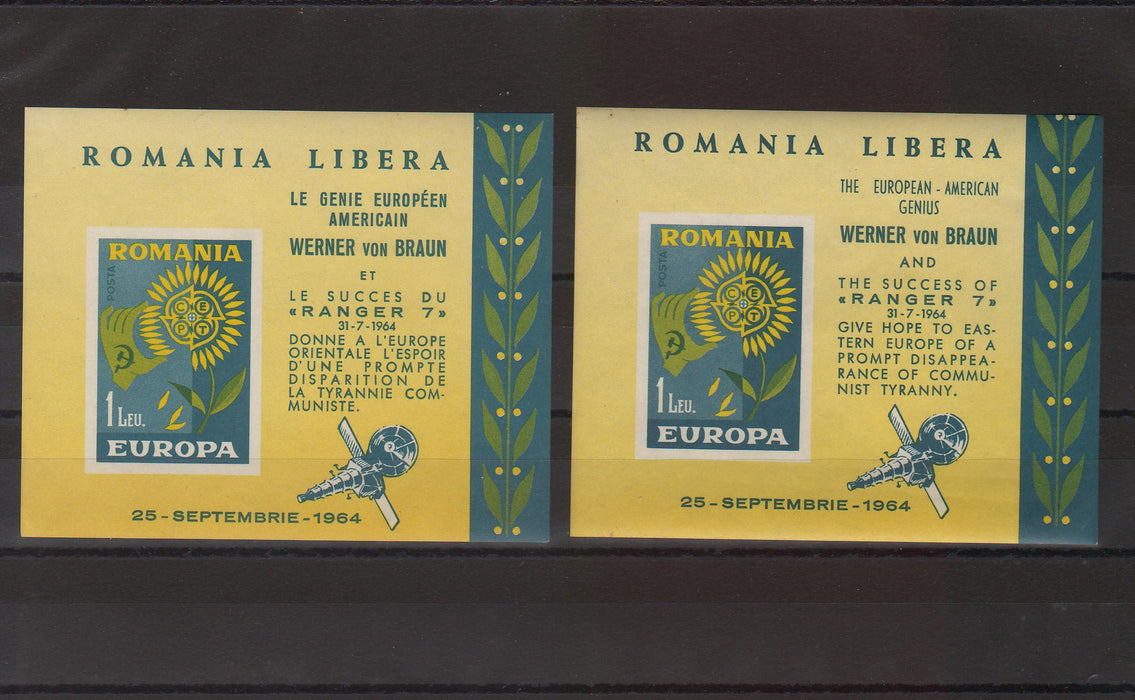 Romania Exil 1964 Emisiunea a XXXVIII-a EUROPA triptice dantelate si nedantelate cu vignetele tiparite in engleza si franceza pozitionate la mijloc si pe margini + colite
