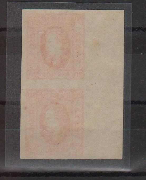 Romania 1865 Cuza Efigia in oval 20 PAR rosu tip I pereche verticala margine de coala