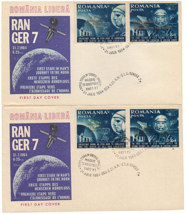 Romania Exil 1964 Ranger 7 set complet FDC dantelat si nedantelat supratipar engleza