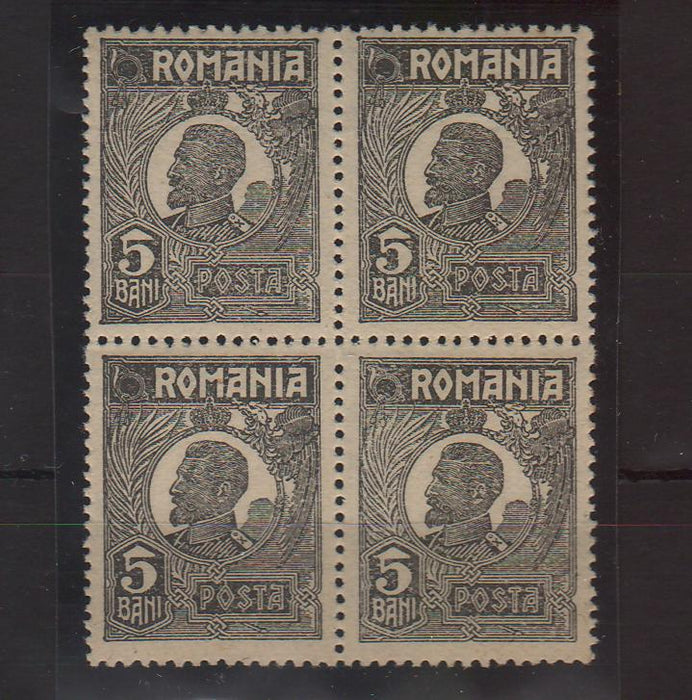 Romania 1920-22 Ferdinand - Uzuale bust mic 5 BANI filigran linie orizontal pe cele 2 timbre de sus bloc x4