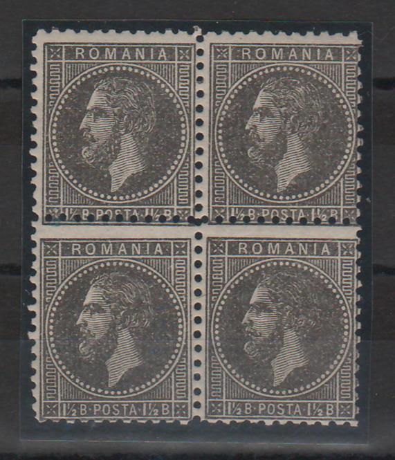 Romania 1879 Carol I Bucuresti II 1 1/2 bani negru bloc x4