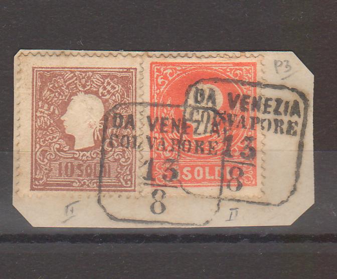 Austria 1858 Lombardy-Veneto Franz Joseph tip II francatura mixta 10 soldi/5 soldi pe fragment stampila DA VENEZIA COL VAPORE