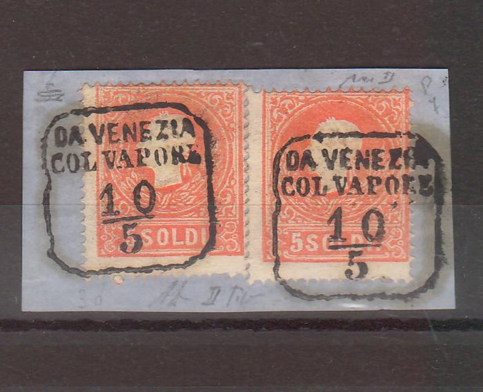 Austria 1858 Lombardy-Veneto Franz Joseph tip II 2x5 soldi pe fragment stampila DA VENEZIA COL VAPORE (Copy)