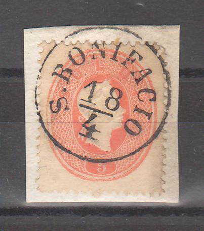 Austria 1861 Lombardy-Veneto Franz Joseph 5 soldi pe fragment stampila S. BONIFACIO