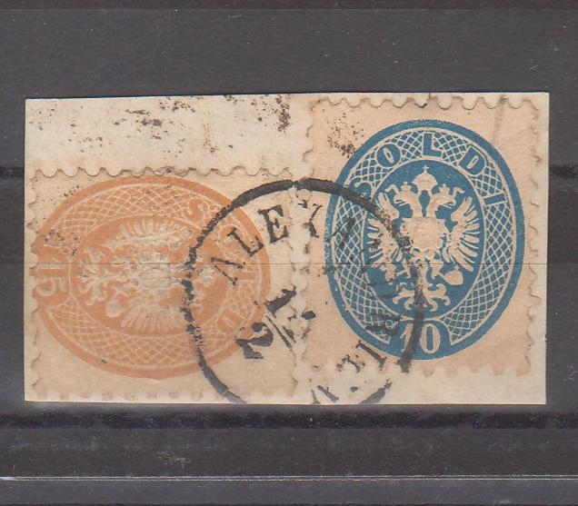 Austria 1864 Lombardy-Veneto Stema in oval francatura mixta 15 soldi/10 soldi dantelura 9 1/2 pe fragment stampila ALEXANDRIEN