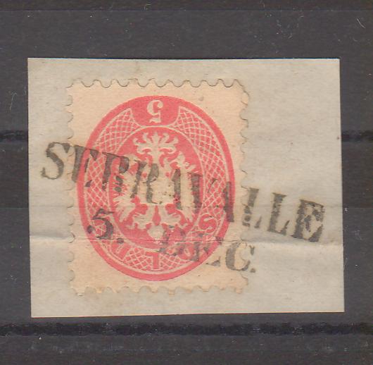 Austria 1864 Lombardy-Veneto Stema in oval 5 soldi dantelura 9 1/2 pe fragment stampila SERRAVALLE