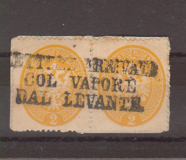 Austria 1864 Lombardy-Veneto Stema in oval 2 soldi pereche dantelura 14 pe fragment stampila LETTRE ARRIVATE COL VAPORE DAL LEVANTE