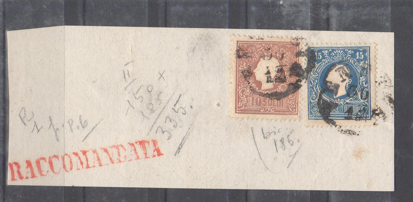 Austria 1858 Lombardy-Veneto Franz Joseph tip II francatura mixta 10 soldi/15 soldi pe fragment RACCOMANDATA stampila VENEZIA