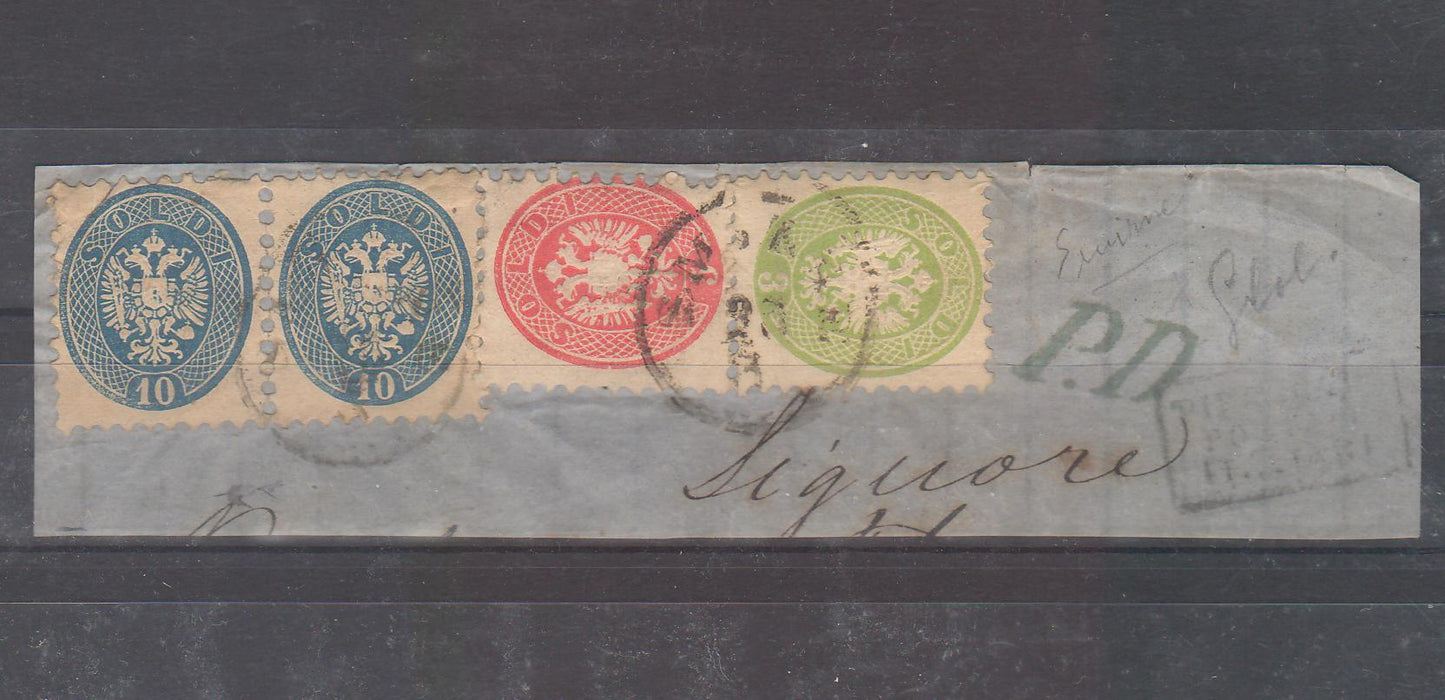 Austria 1864 Lombardy-Veneto Stema in oval francatura mixta 2x10 soldi/5 soldi/3 soldi dantelura 9 1/2 pe fragment stampila SMIRNE