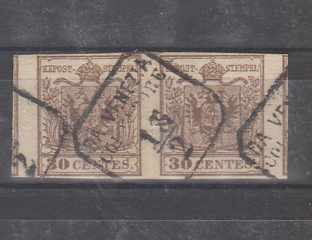 Austria 1850 Lombardy-Veneto Stema Imperiu 2x30 centes nedantelat pereche stampila DA VENEZIA COL VAPORE