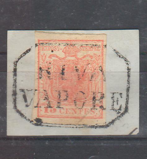 Austria 1850 Lombardy-Veneto Stema Imperiu 15 centes nedantelat pe fragment stampila RIVA VAPORE!