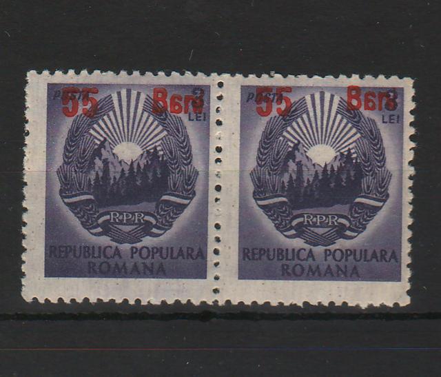 Romania 1952 Stema RPR supratipar 55B pe 3L EROARE "a" inversat pereche