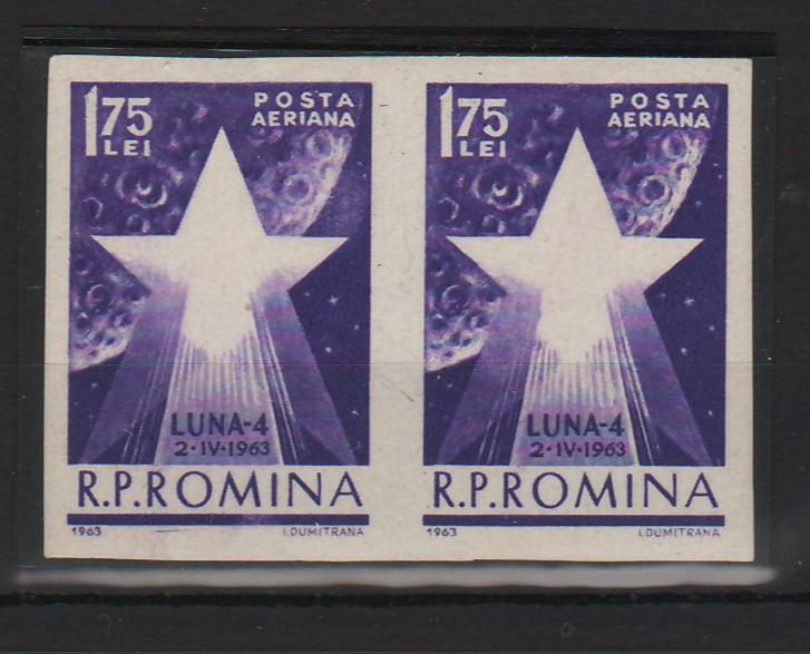Romania 1963 Cosmonautica in slujba pacii - Luna 4 Val. 1.75 Lei fara racheta EROARE pereche, poanson L. PASCANU RAR!