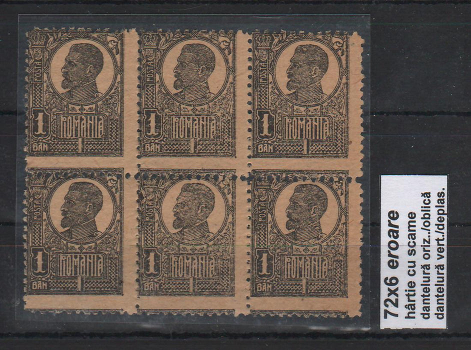 Romania 1920-22 Ferdinand - Uzuale bust mare 1B EROARE dantelura bloc x6