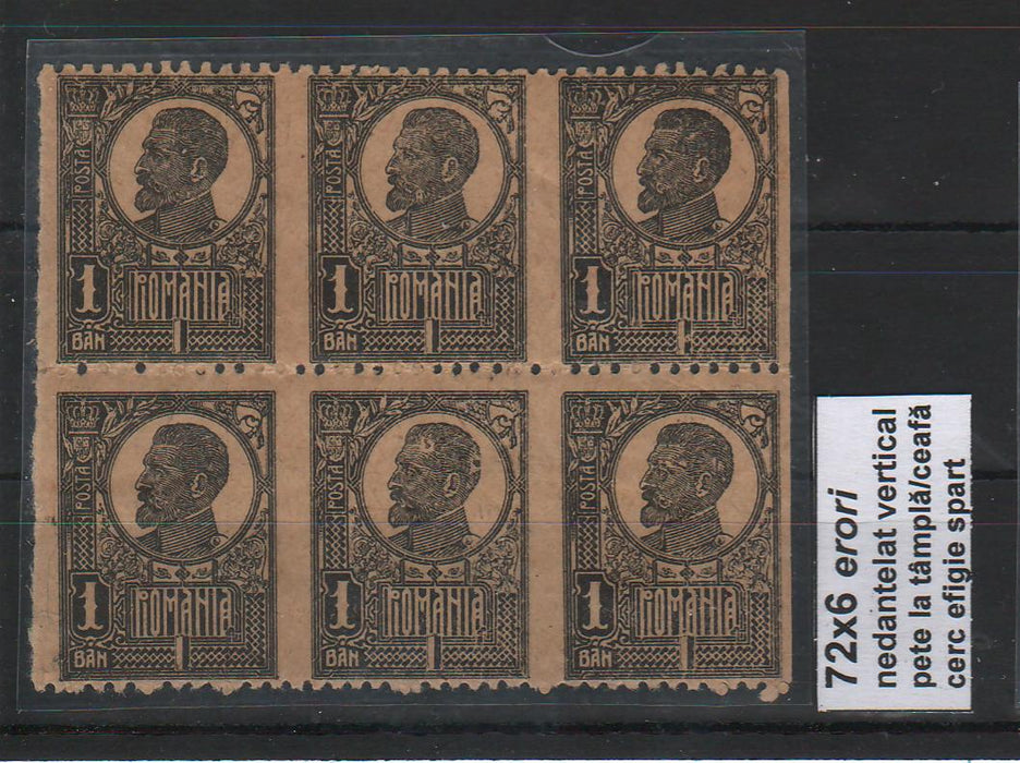 Romania 1920-22 Ferdinand - Uzuale bust mare 1B nedantelat vertical, alte erori bloc x6 RAR!