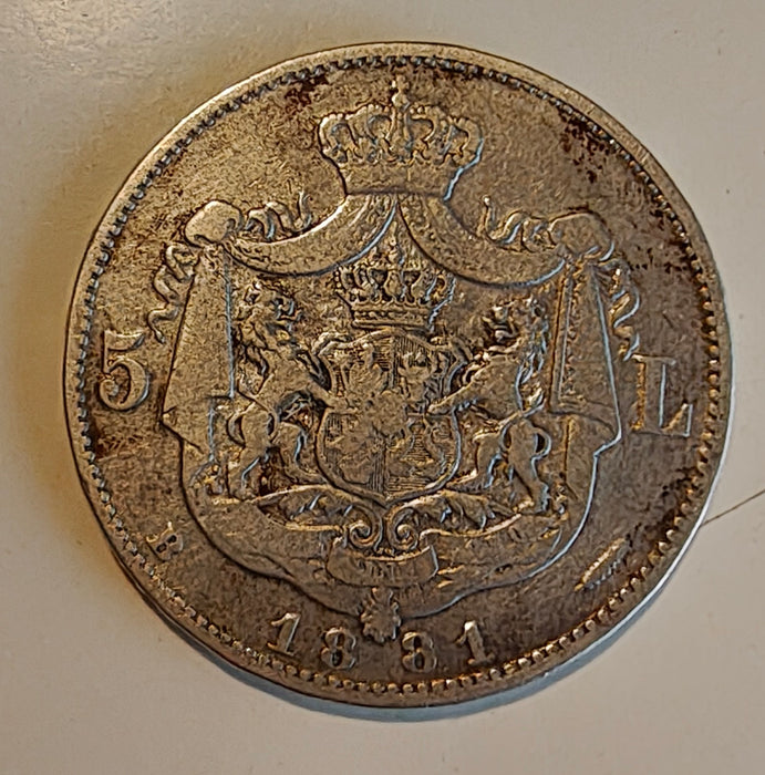 Romania 1881 Moneda 5 lei Carol I, argint 25g 0,900 (22,5g argint pur), diametru 37mm