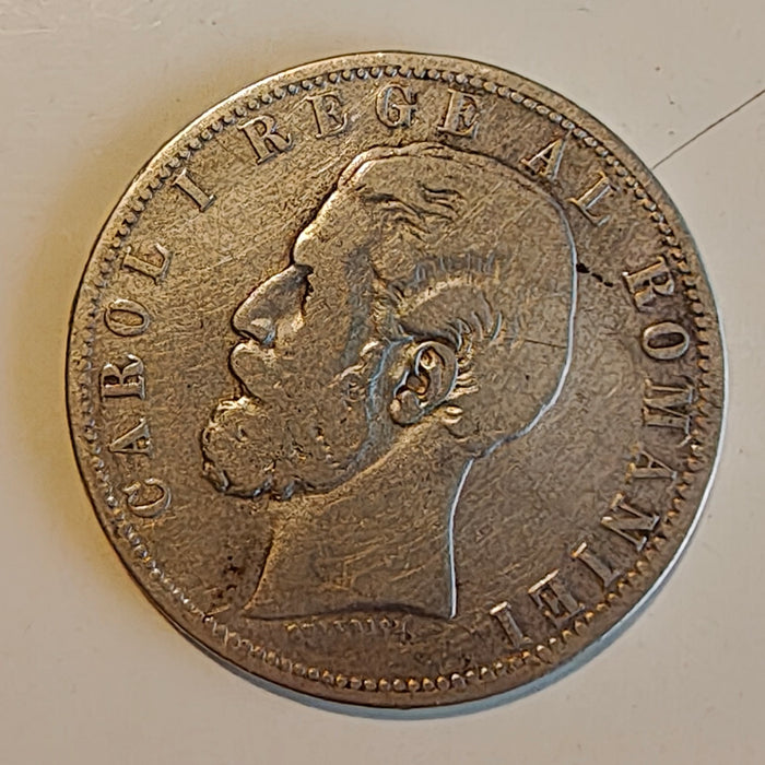 Romania 1881 Moneda 5 lei Carol I, argint 25g 0,900 (22,5g argint pur), diametru 37mm