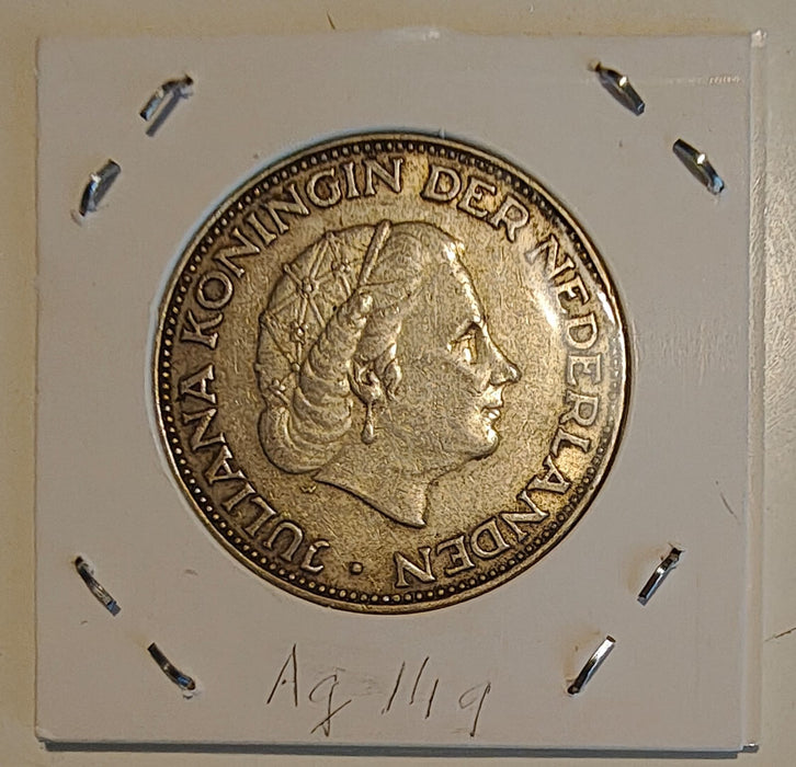 Olanda 1960 Moneda 2 1/2 gulden argint 15g 0,720 (10,8g argint brut) diametru 33mm