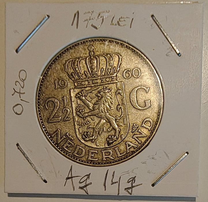 Olanda 1960 Moneda 2 1/2 gulden argint 15g 0,720 (10,8g argint brut) diametru 33mm