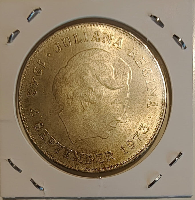 Olanda 1973 10 gulden Moneda aniversara 25 de ani de regat regina Juliana argint 25g 0,720 (18g argint brut) diametru 38mm