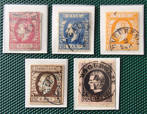 Lot 5 timbre Carol cu barba si favoriti stampilate, certificat SHAPIRA
