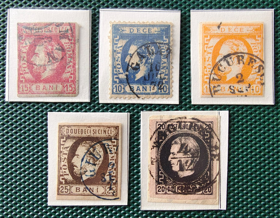 Lot 5 timbre Carol cu barba si favoriti stampilate, certificat SHAPIRA