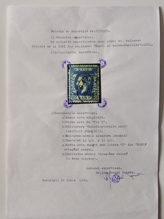 Lot 5 timbre Carol cu barba si favoriti stampilate, certificat SHAPIRA