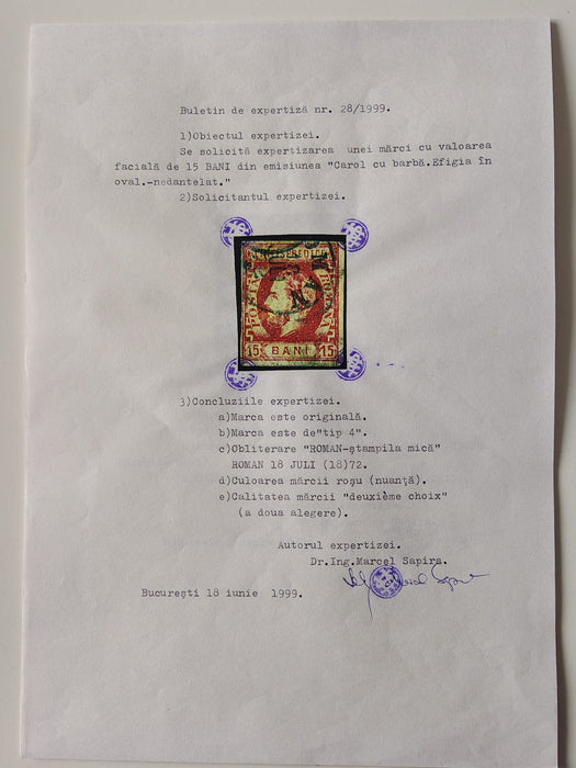 Lot 5 timbre Carol cu barba si favoriti stampilate, certificat SHAPIRA