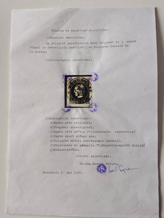 Lot 5 timbre Carol cu barba si favoriti stampilate, certificat SHAPIRA