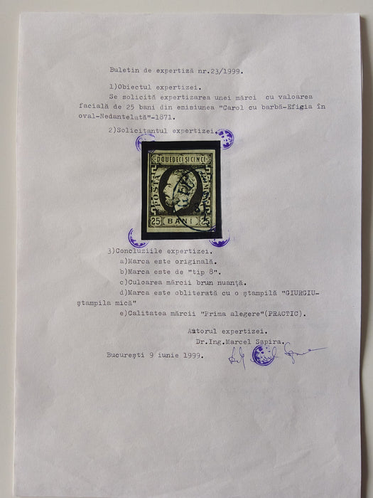 Lot 5 timbre Carol cu barba si favoriti stampilate, certificat SHAPIRA