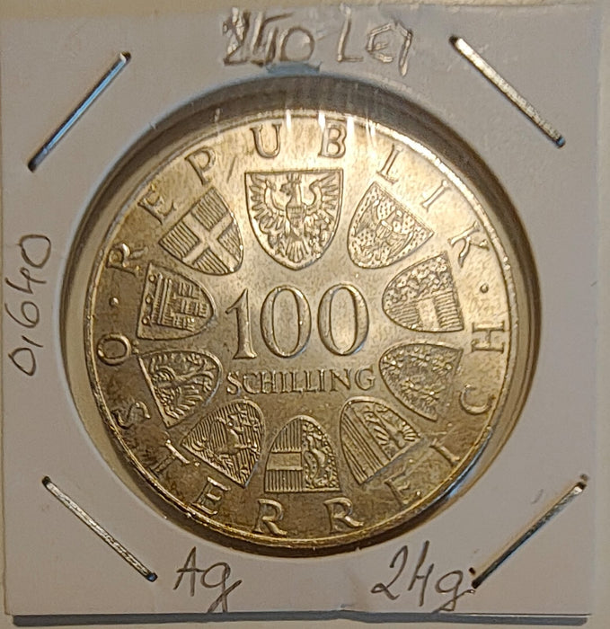 Austria 1975 100 schilling Moneda aniversara 150 ani de la nasterea lui Johann Strauss II argint 24g 0,640 (15,36 argint brut) diametru 36mm