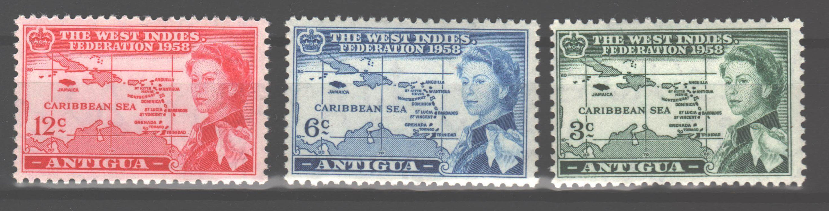 Antigua 1958 West Indies Issue Scott #122-124 c.v. 6.00$ - (TIP B) in Stamps Mall
