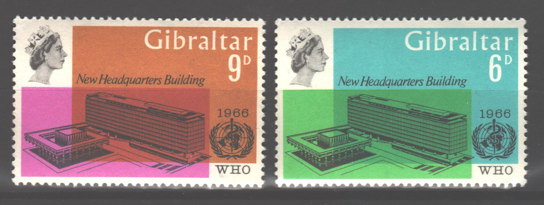 Gibraltar 1966 WHO Headquarters Issue Scott #180-181 c.v. 7.50$ - (TIP B) in Stamps Mall