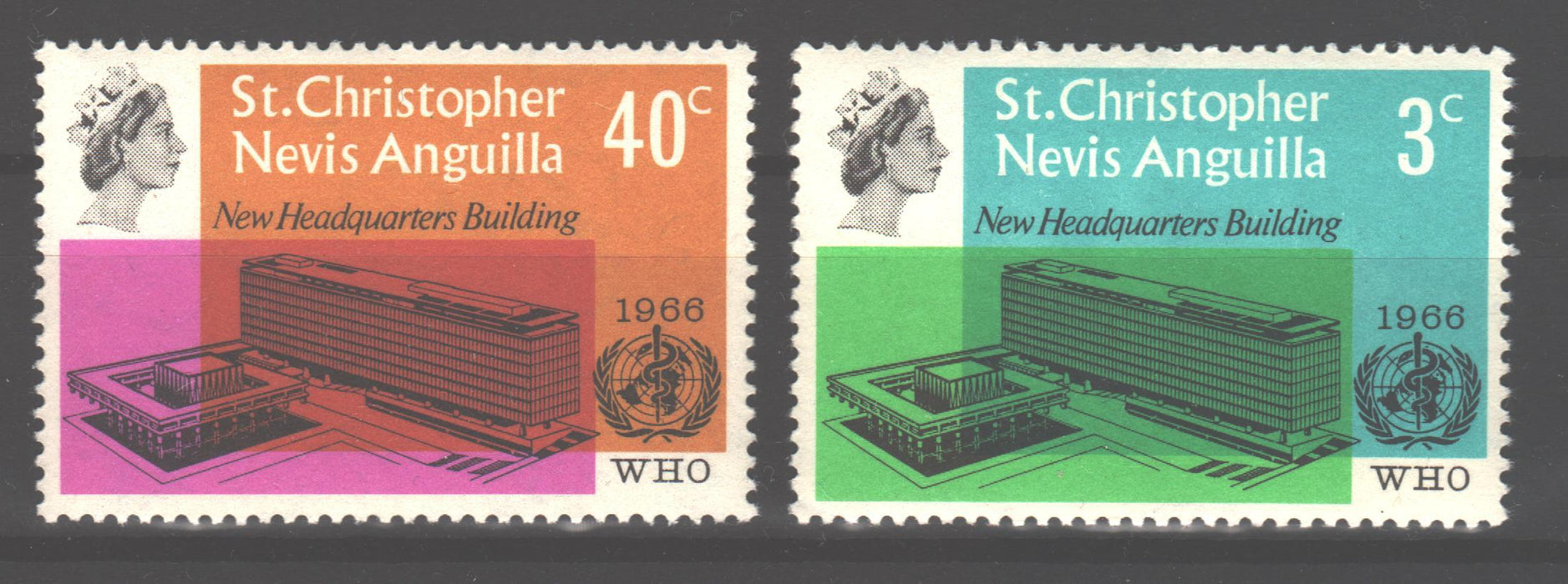 St. Cristopher Nevis Anguilla 1966 WHO Headquarters Issue Scott # c.v. $ - (TIP A)-Stamps Mall