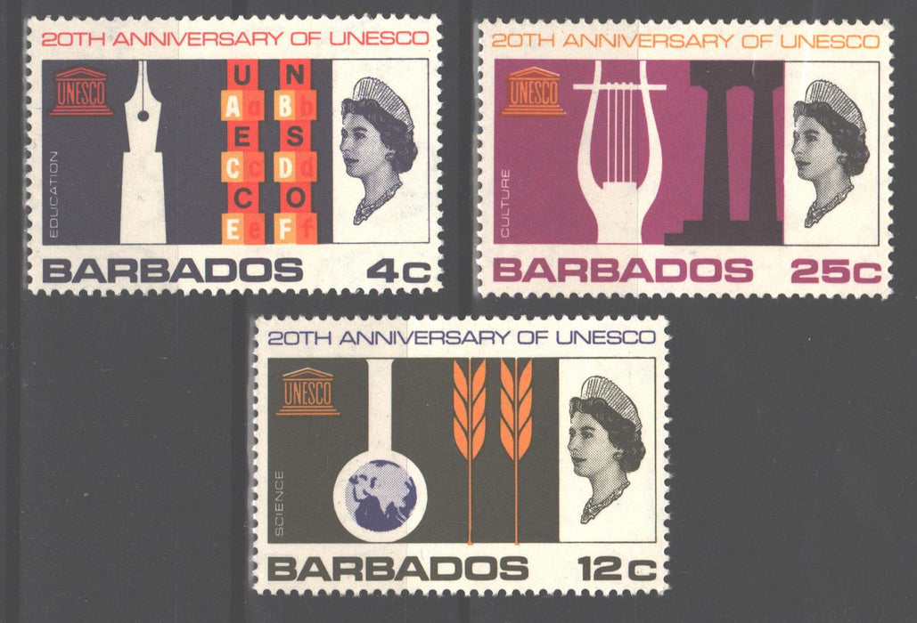 Barbados 1966 UNESCO Anniversary Issue Scott #287-289 c.v. 2.75$ - (TIP A) in Stamps Mall