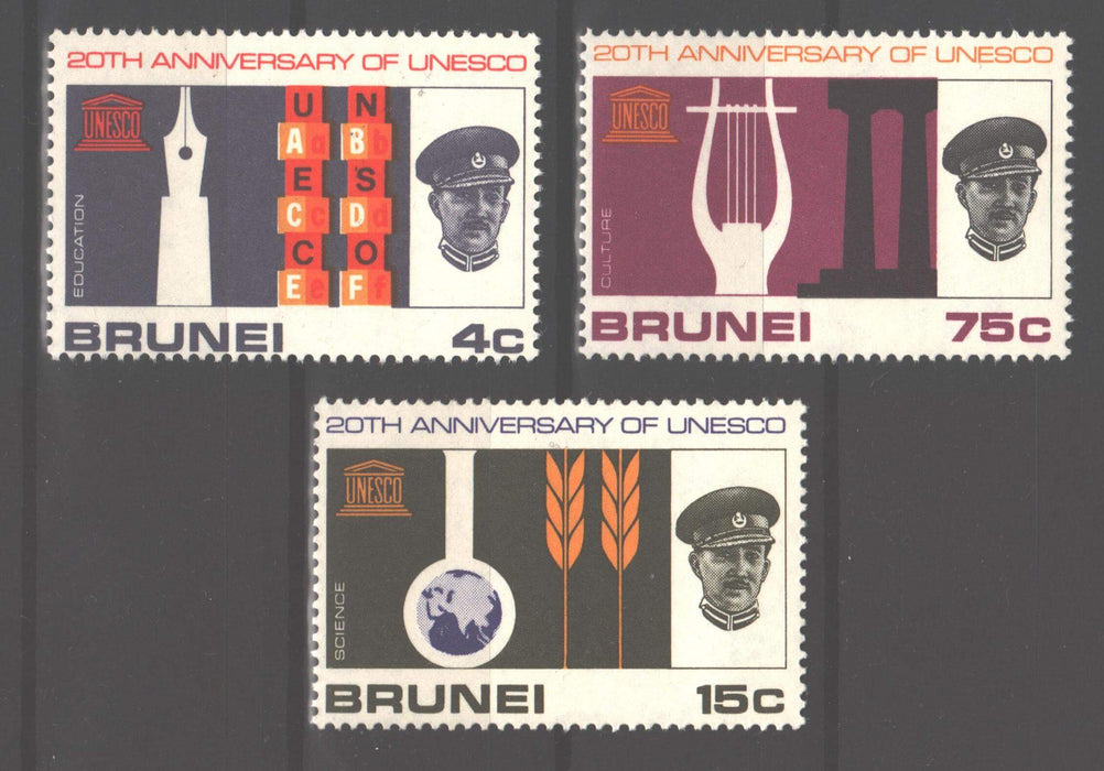 Brunei 1966 UNESCO Anniversary Issue Scott #128-130 c.v. 5.00$ - (TIP A) in Stamps Mall