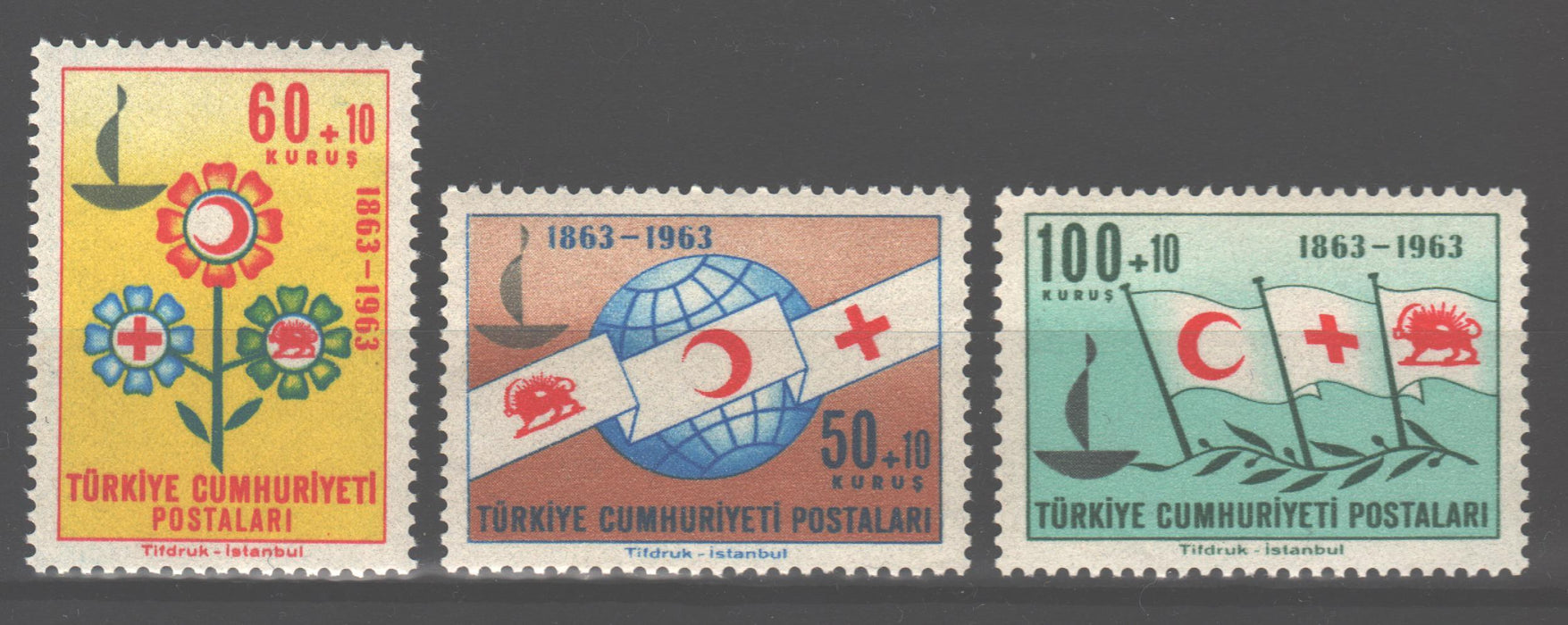 Turcia 1963 Red Cross Centenary Issue Scott #B95-B97 c.v. 1.25$ - (TIP A)-Stamps Mall