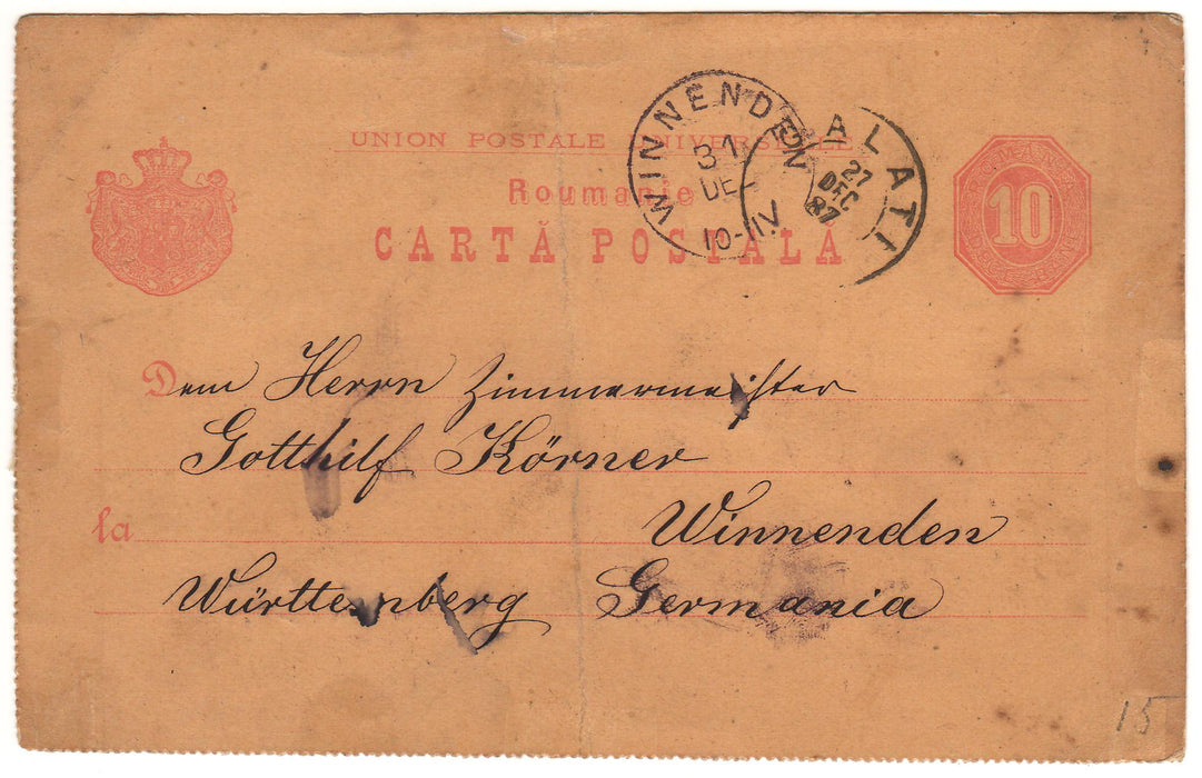 Romania 1887 Carte postala circulata Galati - Winnenden (TIP B)