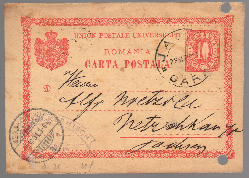 Romania 1901 Carte postala circulata Iasi - Netzschnau (TIP B)