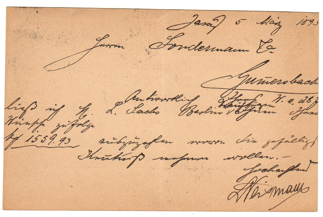Romania 1893 Carte postala circulata Iasi - Gumersbach (TIP B)