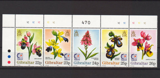 Gibraltar 1995 Orchids strip of 5 c.v. 9.00$ - (TIP A) in Stamps Mall