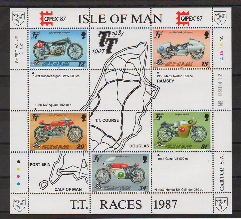 Isle of Man 1987 Tourist Trophy Motorcycle Races 80th Anniversary souvenir sheet cv. 5.00$ (TIP A)