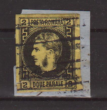 Romania 1866 Carol I cu favoriti, 2PAR hartie groasa T5 pe fragment (TIP B)